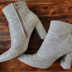 Betsey Johnson Rhinestone Embellished Silver Sparkle Ankle Boots